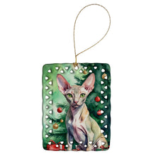 Load image into Gallery viewer, Peterbald Cat By the Christmas Tree Porcelain Ornament