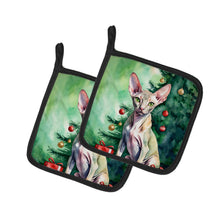 Load image into Gallery viewer, Peterbald Cat By the Christmas Tree Pot Holders - Set of 2 Decorative Kitchen Helpers | Made in the USA