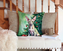 Load image into Gallery viewer, Peterbald Cat By the Christmas Tree Throw Pillow - 14x14 Decorative Pillow – Art for Your Home &amp; Patio