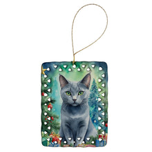 Load image into Gallery viewer, Russian Blue Cat By the Christmas Tree Porcelain Ornament