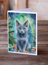 Load image into Gallery viewer, Russian Blue Cat By the Christmas Tree Greeting Cards - Blank Note Cards – 8-Pack of Artist-Designed Cards with Envelopes