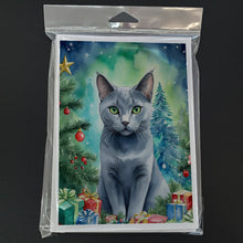 Load image into Gallery viewer, Russian Blue Cat By the Christmas Tree Greeting Cards - Blank Note Cards – 8-Pack of Artist-Designed Cards with Envelopes
