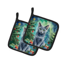 Load image into Gallery viewer, Russian Blue Cat By the Christmas Tree Pot Holders - Set of 2 Decorative Kitchen Helpers | Made in the USA