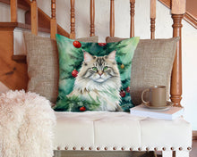 Load image into Gallery viewer, Siberian Cat By the Christmas Tree Throw Pillow - 14x14 Decorative Pillow – Art for Your Home &amp; Patio