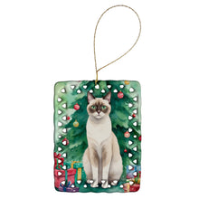 Load image into Gallery viewer, Snowshoe Cat By the Christmas Tree Porcelain Ornament