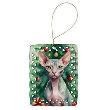 Load image into Gallery viewer, Sphynx Cat By the Christmas Tree Porcelain Ornament