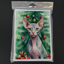 Load image into Gallery viewer, Sphynx Cat By the Christmas Tree Greeting Cards - Blank Note Cards – 8-Pack of Artist-Designed Cards with Envelopes