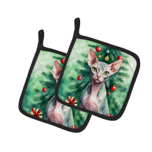 Load image into Gallery viewer, Sphynx Cat By the Christmas Tree Pot Holders - Set of 2 Decorative Kitchen Helpers | Made in the USA