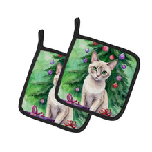 Load image into Gallery viewer, Thai Lilac Cat By the Christmas Tree Pot Holders - Set of 2 Decorative Kitchen Helpers | Made in the USA
