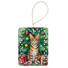 Load image into Gallery viewer, Toyger Cat By the Christmas Tree Porcelain Ornament