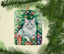 Load image into Gallery viewer, Turkish Angora Cat By the Christmas Tree Porcelain Ornament