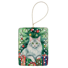 Load image into Gallery viewer, Turkish Angora Cat By the Christmas Tree Porcelain Ornament
