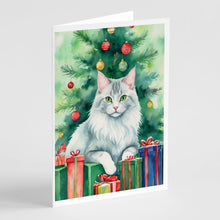 Load image into Gallery viewer, Turkish Angora Cat By the Christmas Tree Greeting Cards - Blank Note Cards – 8-Pack of Artist-Designed Cards with Envelopes
