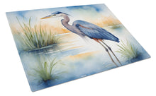 Load image into Gallery viewer, Blue Heron Emerging as the day fades Glass Cutting Boards – Durable, Decorative Kitchen Art