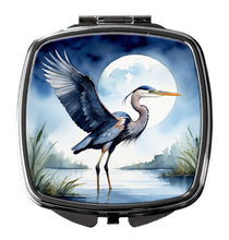 Load image into Gallery viewer, Blue Heron Under the Moonlight Compact Mirror – Stylish Purse Mirror with Artistic Covers