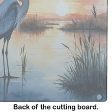Load image into Gallery viewer, Blue Heron Setting Sun Glass Cutting Boards – Durable, Decorative Kitchen Art