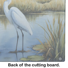 Load image into Gallery viewer, Snowy Egret in Coastal Marshes Glass Cutting Boards – Durable, Decorative Kitchen Art