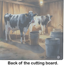 Load image into Gallery viewer, Cows Evening Milking Time Glass Cutting Boards – Durable, Decorative Kitchen Art