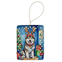 Load image into Gallery viewer, Alaskan Malamute Christmas Reindeer Porcelain Ornament