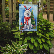 Load image into Gallery viewer, American Eskimo Christmas Garden Flag – Dog in Reindeer Antlers with Tree &amp; Gifts