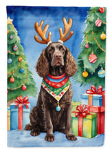 Load image into Gallery viewer, American Water Spaniel Christmas Garden Flag – Dog in Reindeer Antlers with Tree &amp; Gifts