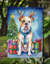 Load image into Gallery viewer, American Bulldog Christmas Garden Flag – Dog in Reindeer Antlers with Tree &amp; Gifts