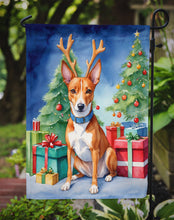 Load image into Gallery viewer, Basenji Christmas Garden Flag – Dog in Reindeer Antlers with Tree &amp; Gifts