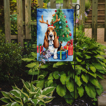 Load image into Gallery viewer, Basset Hound Christmas Garden Flag – Dog in Reindeer Antlers with Tree &amp; Gifts