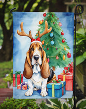 Load image into Gallery viewer, Basset Hound Christmas Garden Flag – Dog in Reindeer Antlers with Tree &amp; Gifts