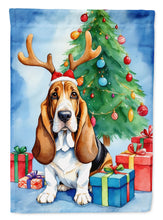 Load image into Gallery viewer, Basset Hound Christmas Garden Flag – Dog in Reindeer Antlers with Tree &amp; Gifts