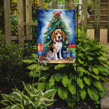Load image into Gallery viewer, Beagle Christmas Garden Flag – Dog in Reindeer Antlers with Tree &amp; Gifts