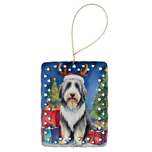Load image into Gallery viewer, Bearded Collie Christmas Reindeer Porcelain Ornament