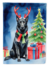 Load image into Gallery viewer, Belgian Sheepdog Christmas Garden Flag – Dog in Reindeer Antlers with Tree &amp; Gifts