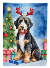 Load image into Gallery viewer, Bernedoodle Christmas Garden Flag – Dog in Reindeer Antlers with Tree &amp; Gifts