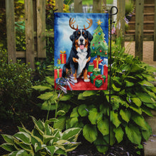 Load image into Gallery viewer, Bernese Mountain Dog Christmas Garden Flag – Dog in Reindeer Antlers with Tree &amp; Gifts