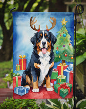 Load image into Gallery viewer, Bernese Mountain Dog Christmas Garden Flag – Dog in Reindeer Antlers with Tree &amp; Gifts