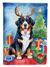 Load image into Gallery viewer, Bernese Mountain Dog Christmas Garden Flag – Dog in Reindeer Antlers with Tree &amp; Gifts