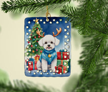 Load image into Gallery viewer, Bichon Frise Christmas Reindeer Porcelain Ornament