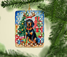 Load image into Gallery viewer, Black and Tan Coonhound Christmas Reindeer Porcelain Ornament