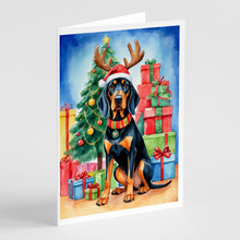 Load image into Gallery viewer, Black and Tan Coonhound Christmas Reindeer Greeting Cards - Blank Note Cards – 8-Pack of Artist-Designed Cards with Envelopes