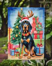Load image into Gallery viewer, Black and Tan Coonhound Christmas Garden Flag – Dog in Reindeer Antlers with Tree &amp; Gifts