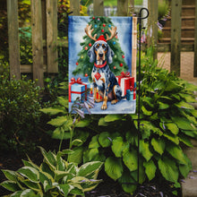 Load image into Gallery viewer, Bluetick Coonhound Christmas Garden Flag – Dog in Reindeer Antlers with Tree &amp; Gifts