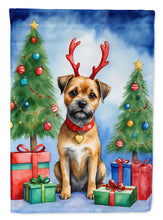 Load image into Gallery viewer, Border Terrier Christmas Garden Flag – Dog in Reindeer Antlers with Tree &amp; Gifts