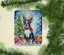 Load image into Gallery viewer, Boston Terrier Christmas Reindeer Porcelain Ornament