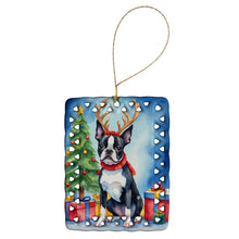 Load image into Gallery viewer, Boston Terrier Christmas Reindeer Porcelain Ornament