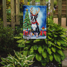 Load image into Gallery viewer, Boston Terrier Christmas Garden Flag – Dog in Reindeer Antlers with Tree &amp; Gifts