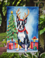 Load image into Gallery viewer, Boston Terrier Christmas Garden Flag – Dog in Reindeer Antlers with Tree &amp; Gifts