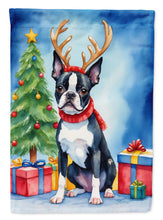 Load image into Gallery viewer, Boston Terrier Christmas Garden Flag – Dog in Reindeer Antlers with Tree &amp; Gifts