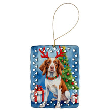 Load image into Gallery viewer, Brittany Spaniel Christmas Reindeer Porcelain Ornament