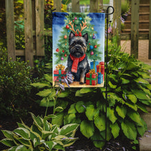 Load image into Gallery viewer, Black Cairn Terrier Christmas Garden Flag – Dog in Reindeer Antlers with Tree &amp; Gifts
